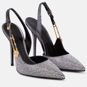 Safety Pin Crystal-Embellished Metallic Leather Slingback
Pumps